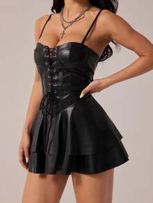 SHEIN PETITE 女士Y2K时尚性感夜店派对节日装扮Y2K夜店风露背PU皮迷你吊带裙，黑色系带束身连衣裙哥特风连衣裙哥特风夏季服装黑色束身连衣裙黑色皮上衣 - 黑色 - 查看 11