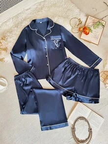 SHEIN 3pcs Contrast Trim Heart Pattern Faux Silk Pajama Set Satin Sleepwear Set Satin Pj Set Navy Blue Pajama Set - Navy Blue - View 1