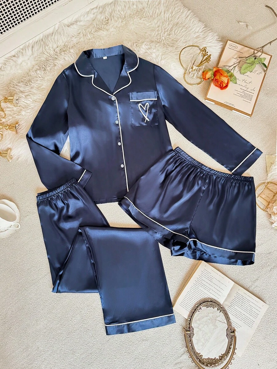 SHEIN 3pcs Contrast Trim Heart Pattern Faux Silk Pajama Set Satin Sleepwear Set Satin Pj Set Navy Blue Pajama Set - Navy Blue - View 1
