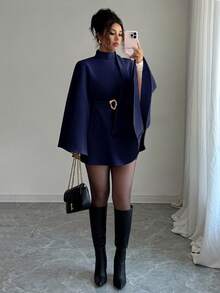 Elenzga Elegant Commuter Solid Color Stand Collar Cape Overcoat - Navy Blue - View 5