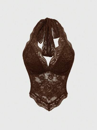 ROMWE Fairycore Spring/Summer Valentine's Day Women's Fashionable Sexy Lace Halter V-Neck Camisole