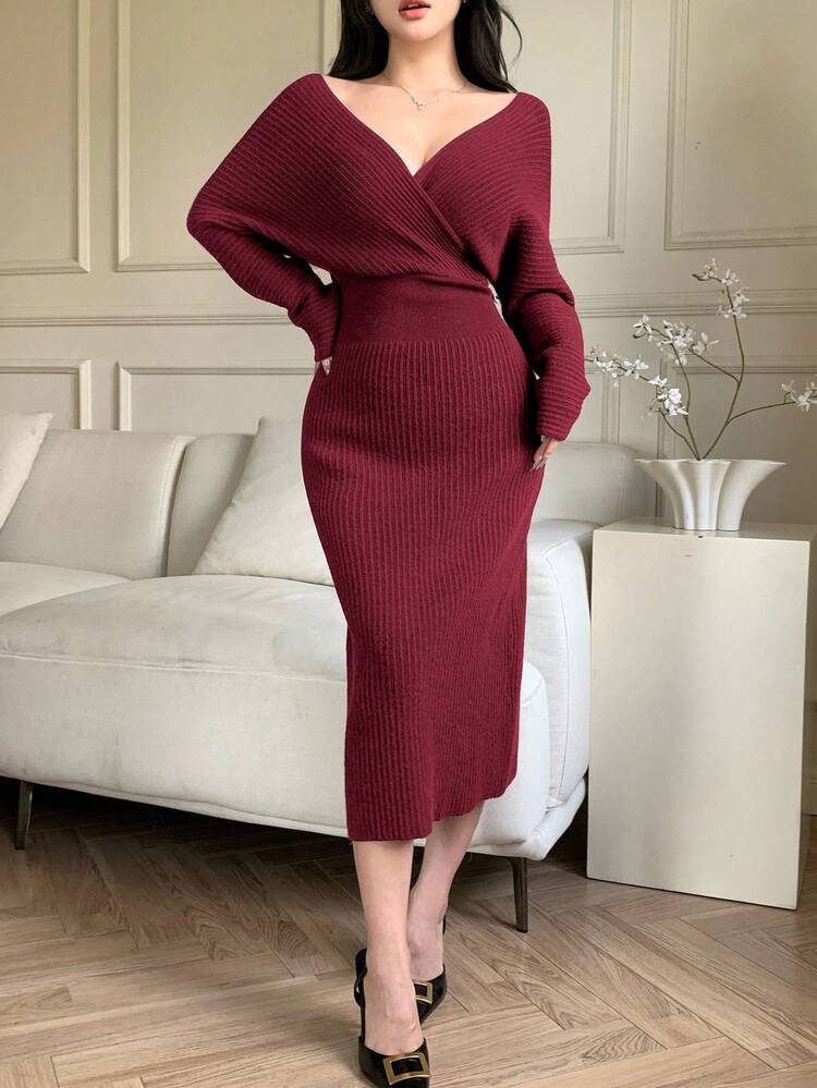 Women's Solid Color Overlap V-Neck Batwing Long Sleeve Fitted Elegant Knit Dress, Autumn/Winter