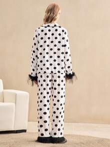EverLounge Elegant Polka Dot Fringed Soft Luxurious Ladies Pajama Set - Multicolor - View 2