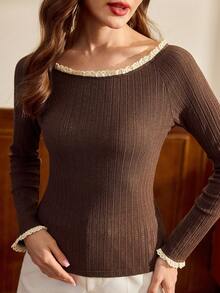 Vintamour Vintage Classic Elegant Women Long Sleeve T-Shirt, Fitted Knit Jacquard T-Shirt, Contrast Ruffle Trim T-Shirt, Coffee Brown Color, Autumn/Winter