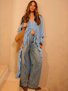 Aralina Vestido largo de cárdigan bohemio con volantes en la parte delantera y manga larga para invierno - Neblina azul - Ver 9