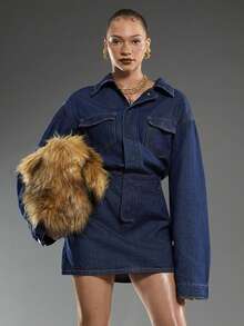 Normani Váy denim mini có túi nắp gập cài nút - Rửa tối - Xem 3