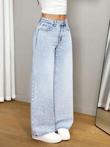 SHEIN Tall Fashionable Casual Straight-Leg Mid-Rise Acid-Washed Jeans - Light Wash - View 4