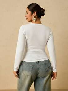 Freevana Große Größen Damen Schwarz Langarm Rundhals Thermo Unterhemd, Taille gerafft Bauchkontrolle T-Shirt - Weiss - Übersicht 2