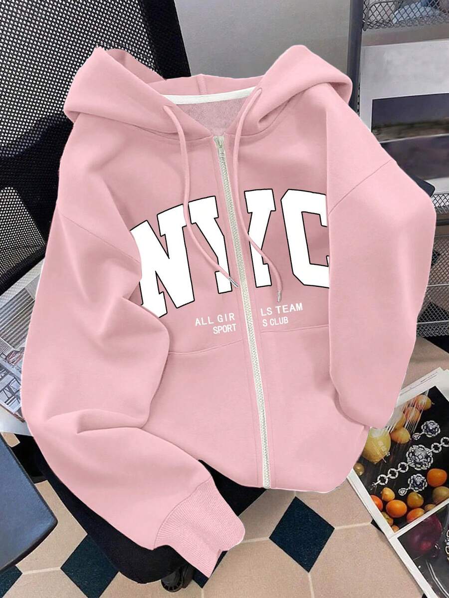 Franclia 女士连帽拉链卫衣，英文字母印花图案，时尚粉色外套，适合教师、返校季、毕业季、日常穿着、冬季外套等多种场合，百搭女士连帽长袖卫衣 - 粉色 - 查看 1