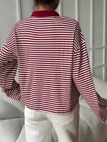 Siren Gaze 女士条纹 Polo 领落肩长袖休闲宽松 T 恤，适合冬季、圣诞节和新年穿着，红色上衣 - 彩色 - 查看 4