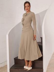 Modelyn Women's Round Neck Long Sleeve Floral Decor Pleated Elegant Dress - Khaki - View 4