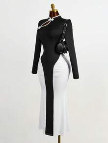 Mistrie 冬季改良款中国风撞色长袖女装 - 黑與白 - 查看 3