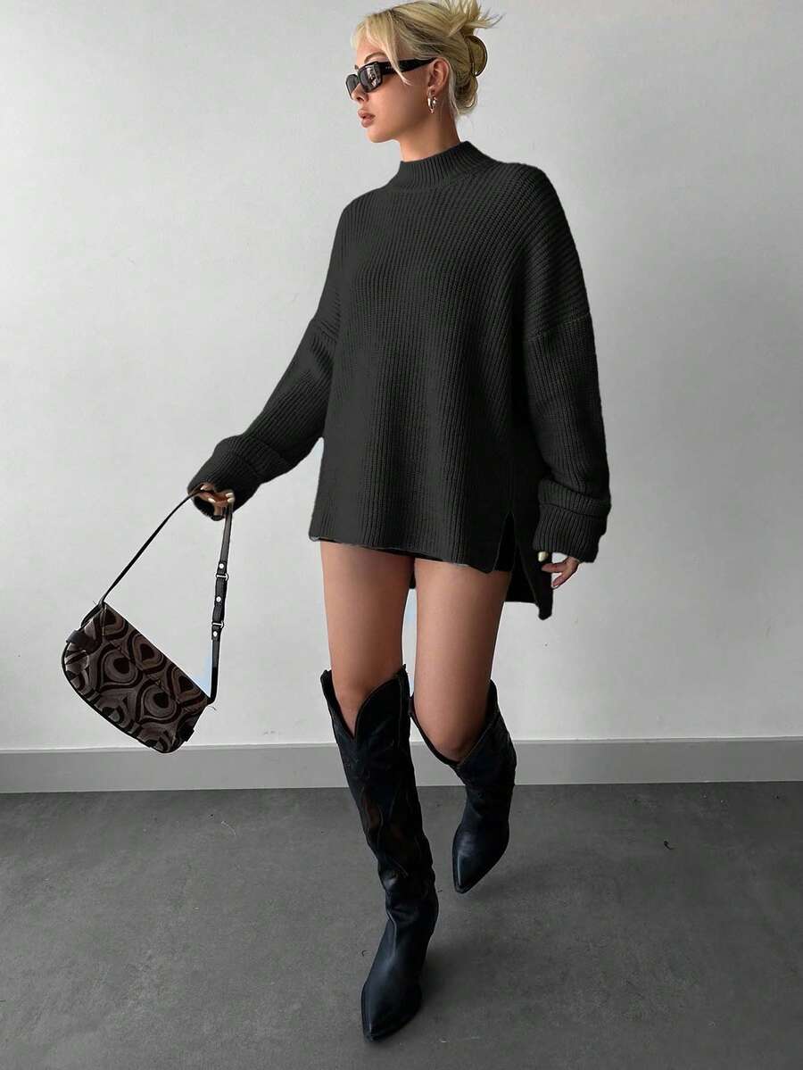 EURMUSE Plus Size Women's Solid Color Minimalist Everyday Wear Turtleneck Long Sleeve Sweater - الأسود - مشاهدة 1