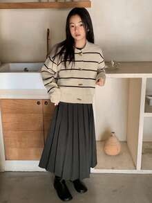 Dazy Kids 少女撞色条纹高领长袖宽松开衫 - 杏色 - 查看 6