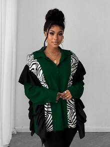 Maweii Plus Size Women's Patchwork Zebra Print Ruffle Hem Loose Fashion Blouse - Green - View 4