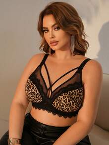 1pc Plus Size Lace Patchwork Wireless Lingerie Bra ClassicAnimalPrint - Multicolor - View 5