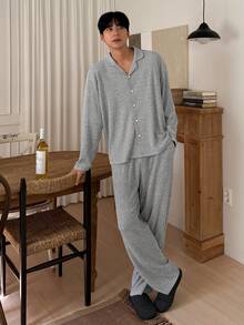 DAZY Men's Autumn Casual Elastic Waist Shirt And Pants Pajama Set - Grey - View 4