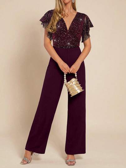 Amorya 女士优雅V领网纱银箔荷叶袖黑色连体裤，修身阔腿款式，适合春夏婚礼和派对穿着