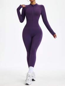 Dewbera Women's Solid Color Raglan Sleeve Zipper Half Placket Sports Jumpsuit - Purple - View 5