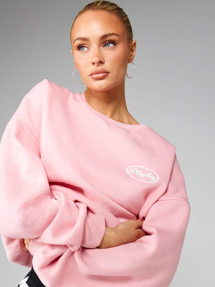 Missguided x Playboy Oversized Crew Neck Sweatshirt With Oval Logo Print For Casual Comfort