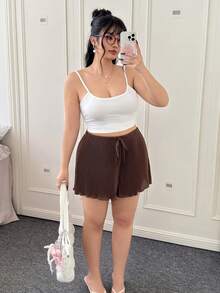 CovetEZ Plus Size Drawstring Textured Loose Casual Shorts Summer Sexy - Brown - View 6