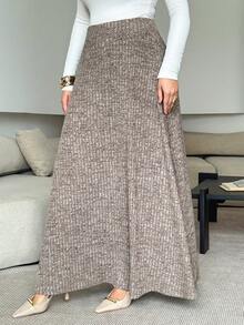 Lacomfia Plus Size Women Casual High Waist Loose Knit Textured Waist Cinched Skirt, Versatile For Autumn/Winter - Coffee Brown - View 3
