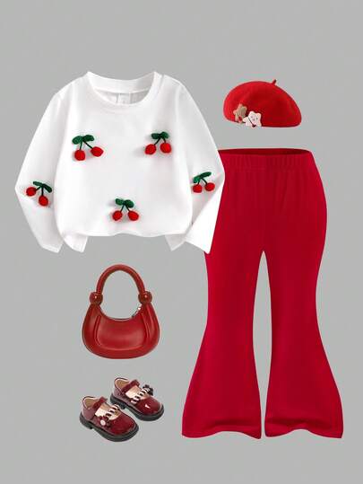 2 piezas Conjunto de ropa para niñas bebé, Camiseta de manga larga blanca con decoración de cereza 3D, Pantalones rojos ajustados de campana, Cómodo y adorable, Adecuado para volver a la escuela, Otoño