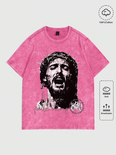 Street Life Men's Vintage Washed Religious Character Graphic Short Sleeve T-Shirt