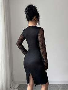 Modelyn 女士V领蕾丝边饰腰部褶裥修身长袖开衩连衣裙 - 黑色 - 查看 2