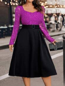 Elenzga 大码高端二合一蕾丝长袖修身喇叭下摆优雅连衣裙，适合秋冬季节、圣诞节、感恩节穿着，酒红色长款女装 - 玫紅色 - 查看 6