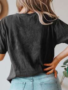 Women's T-Shirt, Casual Street Style Graphic Short Sleeve T-Shirt, Cute Summer Top - Dark Grey - View 2