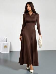 SHEIN Tall Damen Einfarbiges Strickkleid mit Knopfleiste vorne - Kaffeebraun - Übersicht 4