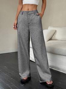 SHEIN PETITE 1 chiếc quần ống đứng màu xám kiểu retro dành cho nữ, phong cách giản dị và thanh lịch, phù hợp cho công sở, học sinh, kiểu dáng tối giản với túi xéo, thích hợp cho mọi mùa. - Xám - Xem 3