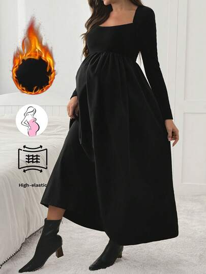 SHEIN 孕妇休闲日常通勤简约纯色方领束腰连衣裙，春秋