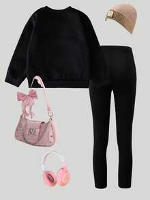 2pcs Young Girl Sporty Outfit, Black Hooded Sweatshirt With Graphic Print, Matching Black Fleece Jogger Pants, & Vibrant Style Suitable For Autumn/Winter Girl Y2k Outfit Girl Cartoon Sweatshirt - Black - View 2