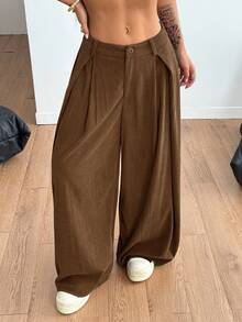 Coolane 女士夏季秋季四季皆宜复古休闲街头风超大款绿色弧形裤脚灯芯绒卡其色工装裤 - 棕色 - 查看 3