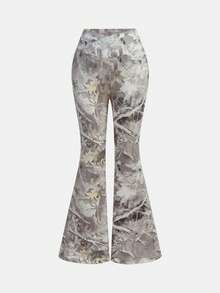 SHEIN 少女休闲优雅针织树叶印花交叉腰部修身喇叭裤，返校季，时尚街头风 - 淺灰色 - 查看 5