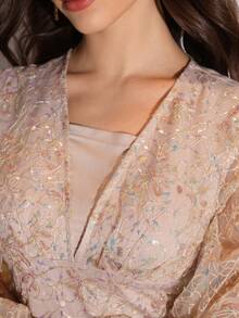 Modelyn Elegant Lantern Sleeve Maxi Dress With Sequin Embroidery, Mesh Panels And Satin Fabric