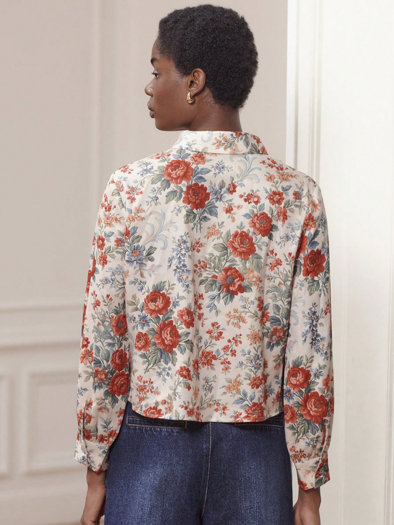 Vintage Floral Satin Long Sleeve Shirt With Classic Collar And Button-Up Front Business Casual Top Spring Summer New Year Going Out