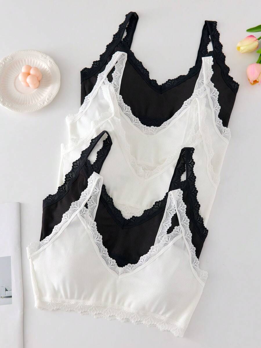 4 Pack Teen Girls White Bras,Lace Trim Bralettes Adjustable Straps Summer Light Support Seamless Look No Underwire Comfortable Everyday Work Sleep - Multicolor - View 1