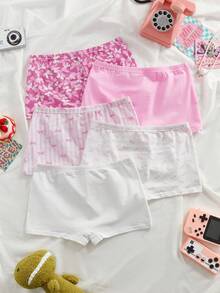 5pcs/Pack Girls' Cute Bow & Floral Print Breathable Comfy Briefs - Multicolor - View 2