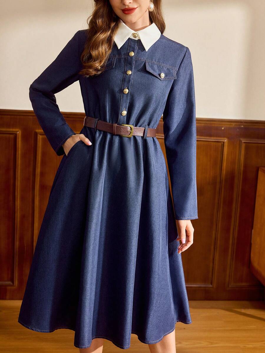 Vintamour Vintage Elegant Women's Dress With Pockets, Waist Belt, Contrast Buttons, Casual Commute Holiday Dress Navy Blue School - Blue - View 1
