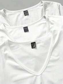 SHEIN EZwear Bộ 3 áo thun dài tay bó sát cổ chữ V sâu cho nữ, màu trắng - trắng - Xem 11
