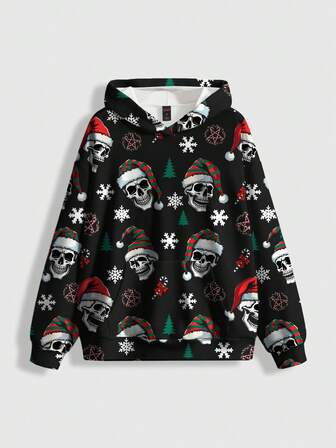 Sudadera con capucha de ajuste holgado con estampado de esqueleto oscuro y misterioso para mujeres