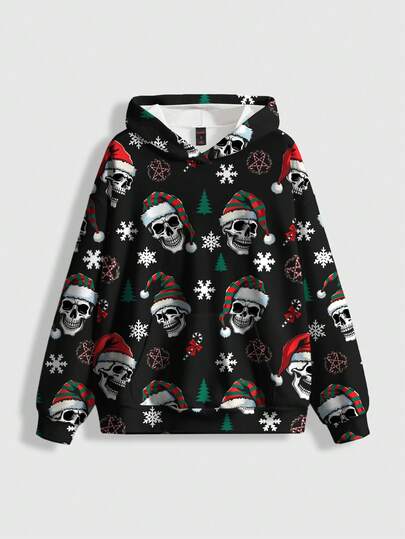 Sudadera con capucha de ajuste holgado con estampado de esqueleto oscuro y misterioso para mujeres