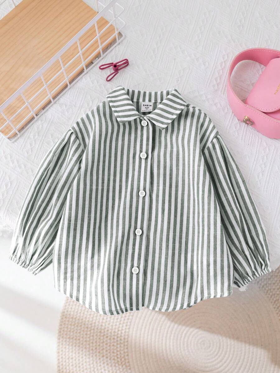 SHEIN LMoss Kids LMoss 女婴时尚可爱条纹长袖衬衫，适合外出和度假的百搭款式 - 綠色 - 查看 1