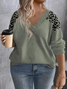 EMERY ROSE Women's V-Neck Layered Leopard Print Long Sleeve Plus Size T-Shirt, Autumn/Winter - Army Green - View 1