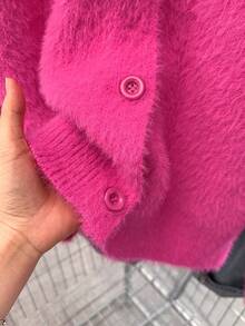 EMERY ROSE Cárdigan de punto casual de manga larga con caída de hombros y unicolor de piel de visón para mujer de talla grande - Rosa Fucsia - Ver 5