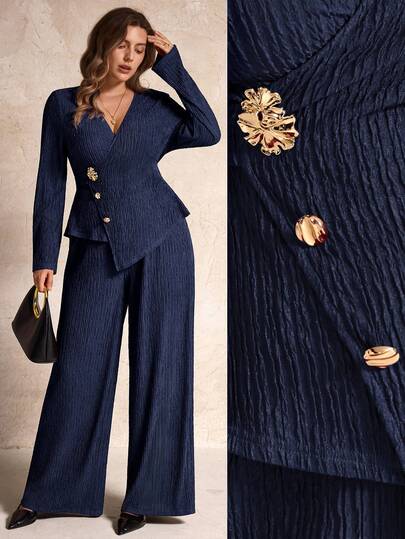 Elegantrix Autumn And Winter Women's Fashion Casual Solid Color Textured Metal Buckle Strap Asymmetrical Slit And Pants Suit, Fashionable Outing, Women's Office Wear, Work/Office