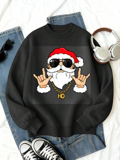 1件装男童圣诞老人印花长袖毛衣，时尚街头风上衣，适合冬季、秋季校园活动和休闲穿着。